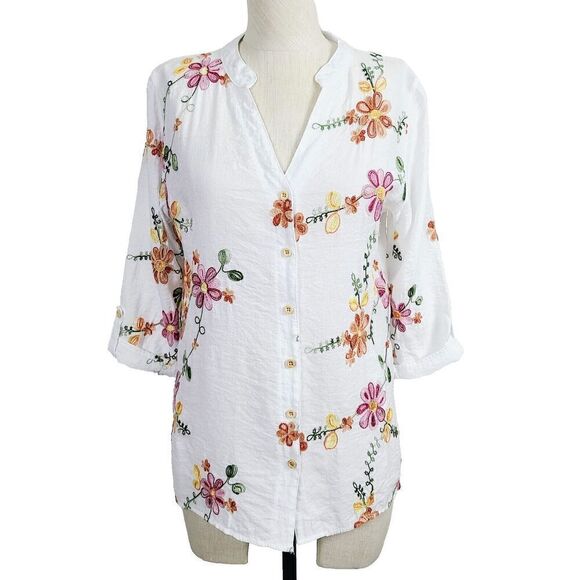 Kindred Womens Embroidered Floral V-Neck Button Boho‎ Blouse Size M 3/4 Sleeve - Picture 1 of 8